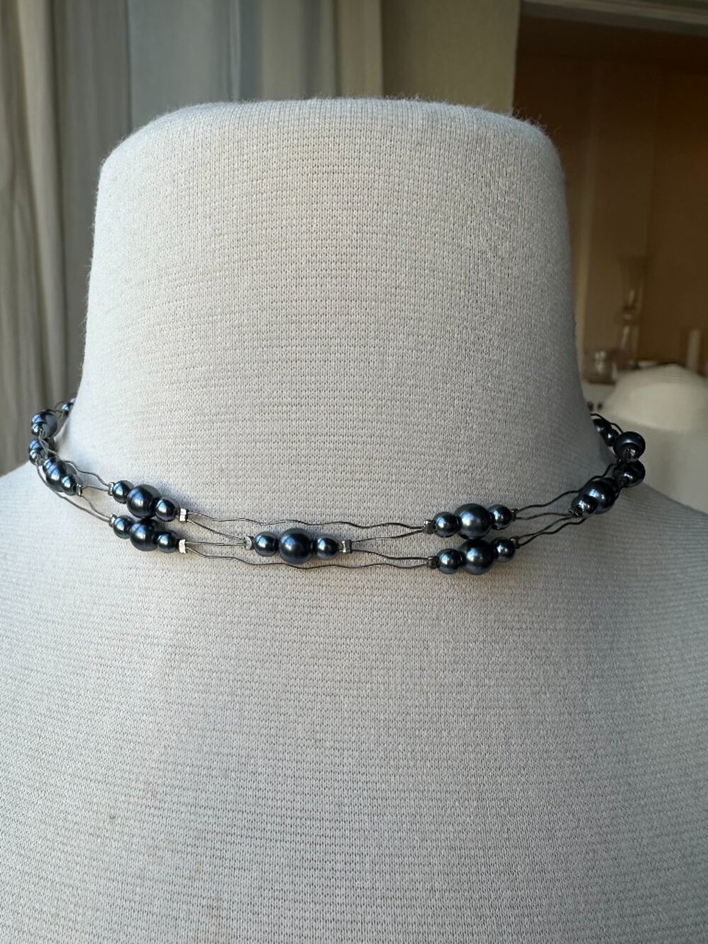 Gray Faux Pearl Multi Strand Wire Choker Necklace Adjustable 15-18”